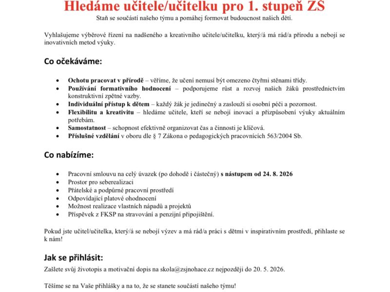 Hledáme učitele/učitelku pro 1. stupeň ZŠ