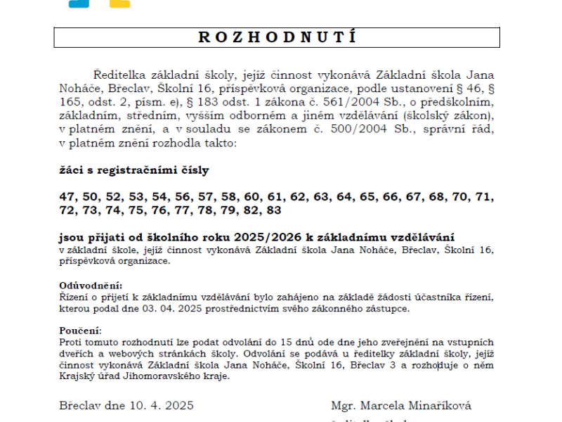 Seznam přijatých žáků do 1. třídy ve školním roce 2025 - 2026
