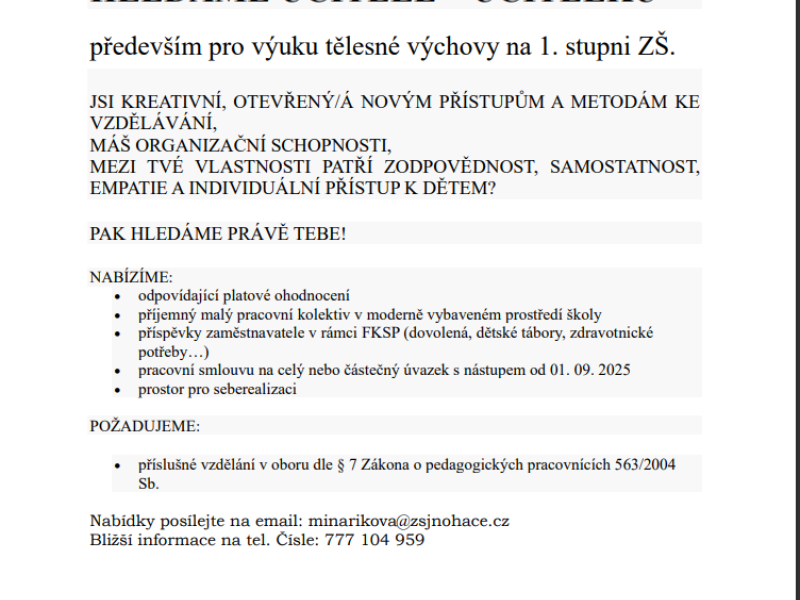 Hledáme učitele/učitelku