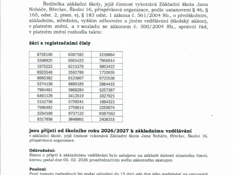Seznam přijatých žáků do 1. třídy ve školním roce 2026 - 2027